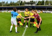 29 September 2019; Captains Della Doherty of Peamount United, left, and Kayla Brady of Galway WFC shake hands prior to the Só Hotels U17 Women’s National League Cup Final match between Galway WFC and Peamount United at Eamonn Deacy Park in Galway. Photo by Seb Daly/Sportsfile