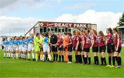 29 September 2019; Players from both teams shake hands prior to the Só Hotels U17 Women’s National League Cup Final match between Galway WFC and Peamount United at Eamonn Deacy Park in Galway. Photo by Seb Daly/Sportsfile