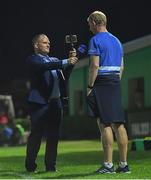 28 September 2019; Leinster head coach Leo Cullen is interviewed by Leinster Communications Manager Marcus Ó Buachalla following the Guinness PRO14 Round 1 match between Benetton and Leinster at Stadio Monigo in Treviso, Italy. Photo by Ramsey Cardy/Sportsfile
