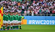 28 September 2019; The Ireland team stand for the anthems prior to the 2019 Rugby World Cup Pool A match between Japan and Ireland at the Shizuoka Stadium Ecopa in Fukuroi, Shizuoka Prefecture, Japan. Photo by Brendan Moran/Sportsfile
