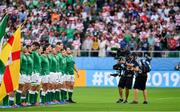 28 September 2019; The Ireland team are filmed by a TV steadicam as they stand for the anthems prior to the 2019 Rugby World Cup Pool A match between Japan and Ireland at the Shizuoka Stadium Ecopa in Fukuroi, Shizuoka Prefecture, Japan. Photo by Brendan Moran/Sportsfile