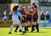 29 September 2019; Saoirse Healey of Galway WFC, centre left, is congratulated by team-mates after scoring her side's second goal during the Só Hotels U17 Women’s National League Cup Final match between Galway WFC and Peamount United at Eamonn Deacy Park in Galway. Photo by Seb Daly/Sportsfile
