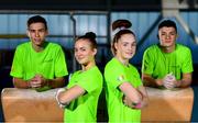 30 September 2019; Sport Ireland Campus, Dublin at the National Gymnastics Training Centre where Gymnastics Ireland announced the gymnasts competing at the upcoming 2019 World Championships in Stuttgart from 4th – 13th October. Pictured are, from left to right, Adam Steele, 22, Meg Ryan, 17, Emma Slevin, 16, and Rhys McClenaghan, 20. Not photographed and also part of the team travelling is Kate Molloy, 15, and non-travelling reserve Jane Heffernan, 15.. Photo by Stephen McCarthy/Sportsfile