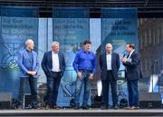 29 September 2019; Former Dublin footballers, from left, Tommy Drumm, Charlie Redmond, Kieran Duff, Mickey Whelan and MC Marty Morrissey during the Dublin Senior Football teams homecoming at Merrion Square in Dublin. Photo by Piaras Ó Mídheach/Sportsfile