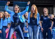 29 September 2019; Dublin players, from left, Sinéad Goldrick, Ciara Trant and   Sinéad Aherne during the Dublin Senior Football teams homecoming at Merrion Square in Dublin. Photo by Piaras Ó Mídheach/Sportsfile