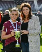 29 September 2019; Galway captain Kayla Brady with Marie McDonagh, Marketing Manager, Só Hotels, following the Só Hotels U17 Women’s National League Cup Final match between Galway WFC and Peamount United at Eamonn Deacy Park in Galway. Photo by Seb Daly/Sportsfile