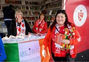 29 September 2019; Sligo Rovers supporter Susan Brennan with programme sellers Fiona Eames, left, and Martina Kilfeather prior to the Extra.ie FAI Cup Semi-Final match between Sligo Rovers and Dundalk at The Showgrounds in Sligo. Photo by Stephen McCarthy/Sportsfile