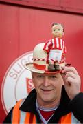 29 September 2019; The late Frazer Browne's hat, with distinctive doll, which has been to every FAI Cup final Sligo Rovers have contested is worn by Anthony Kilfeather prior to the Extra.ie FAI Cup Semi-Final match between Sligo Rovers and Dundalk at The Showgrounds in Sligo. Photo by Stephen McCarthy/Sportsfile