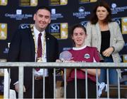 29 September 2019; Kellie Brennan of Galway WFC is presented with her Player of the Match award by Mike Cubbard, Mayor of the City of Galway following the Só Hotels U17 Women’s National League Cup Final match between Galway WFC and Peamount United at Eamonn Deacy Park in Galway. Photo by Seb Daly/Sportsfile