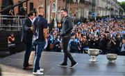 29 September 2019; Dublin players Stephen Cluxton, right, and Jonny Cooper on stage with MC Marty Morrissey during the Dublin Senior Football teams homecoming with the Sam Maguire Cup at Merrion Square in Dublin. Photo by David Fitzgerald/Sportsfile