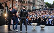 29 September 2019; Dublin players Stephen Cluxton, right, and Jonny Cooper on stage with MC Marty Morrissey during the Dublin Senior Football teams homecoming with the Sam Maguire Cup at Merrion Square in Dublin. Photo by David Fitzgerald/Sportsfile