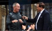 29 September 2019; Dublin manager Jim Gavin is interviewed by MC Marty Morrissey during the Dublin Senior Football teams homecoming at Merrion Square in Dublin. Photo by Piaras Ó Mídheach/Sportsfile