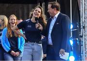29 September 2019; Noëlle Healy is interviewed by MC Marty Morrissey during the Dublin Senior Football teams homecoming at Merrion Square in Dublin. Photo by Piaras Ó Mídheach/Sportsfile