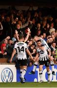 29 September 2019; Dundalk's Michael Duffy celebrates with team-mate Chris Shields, right, after scoring his side's winning goal during the Extra.ie FAI Cup Semi-Final match between Sligo Rovers and Dundalk at The Showgrounds in Sligo. Photo by Stephen McCarthy/Sportsfile