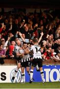 29 September 2019; Dundalk's Michael Duffy celebrates with team-mates Chris Shields, left, and Dane Massey, right, after scoring his side's winning goal during the Extra.ie FAI Cup Semi-Final match between Sligo Rovers and Dundalk at The Showgrounds in Sligo. Photo by Stephen McCarthy/Sportsfile