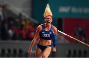29 September 2019; Sandi Morris of USA celebrates a clearance of 4.90m whilst competing in the Women's Pole Vault Final during day three of the World Athletics Championships 2019 at the Khalifa International Stadium in Doha, Qatar. Photo by Sam Barnes/Sportsfile
