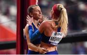 29 September 2019; Authorised Neutral Athlete Anzhelika Sidorova, left, is congratulated by Sandi Morris of USA after winning a gold medal in the Women's Pole Vault Final during day three of the World Athletics Championships 2019 at the Khalifa International Stadium in Doha, Qatar. Photo by Sam Barnes/Sportsfile
