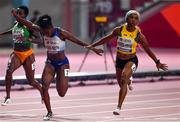 29 September 2019; Shelly-Ann Fraser-Pryce of Jamaica, right, celebrates after winning the Women's 100m Final ahead of Dina Asher-Smith of Great Britain, centre, during day three of the World Athletics Championships 2019 at the Khalifa International Stadium in Doha, Qatar. Photo by Sam Barnes/Sportsfile
