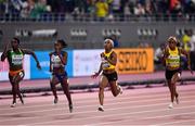 29 September 2019; Shelly-Ann Fraser-Pryce of Jamaica, centre right, on her way to winning the Women's 100m Final ahead of Dina Asher-Smith of Great Britain, centre left, who finished second, during day three of the World Athletics Championships 2019 at the Khalifa International Stadium in Doha, Qatar. Photo by Sam Barnes/Sportsfile