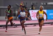 29 September 2019; Shelly-Ann Fraser-Pryce of Jamaica, right, on her way to winning the Women's 100m Final ahead of Dina Asher-Smith of Great Britain, centre, who finished second, during day three of the World Athletics Championships 2019 at the Khalifa International Stadium in Doha, Qatar. Photo by Sam Barnes/Sportsfile