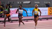 29 September 2019; Shelly-Ann Fraser-Pryce of Jamaica, right, on her way to winning the Women's 100m Final ahead of Dina Asher-Smith of Great Britain, centre, who finished second, during day three of the World Athletics Championships 2019 at the Khalifa International Stadium in Doha, Qatar. Photo by Sam Barnes/Sportsfile