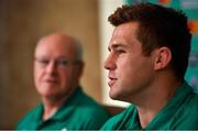 30 September 2019; CJ Stander, in the company of team masseur Willie Bennett, during an Ireland Rugby press conference in the Sheraton Hotel & Towers Kobe, in Kobe Japan. Photo by Brendan Moran/Sportsfile
