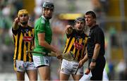 27 July 2019; Richie Hogan of Kilkenny remonstrates with linesman Paud O'Dwyer as team-mate Richie Leahy and Diarmuid Byrnes of Limerick look on during the GAA Hurling All-Ireland Senior Championship Semi-Final match between Kilkenny and Limerick at Croke Park in Dublin. Photo by Piaras Ó Mídheach/Sportsfile