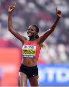 30 September 2019; Beatrice Chepkoech of Kenya celebrates after winning the Women's 3000m Steeple Chase during day four of the World Athletics Championships 2019 at the Khalifa International Stadium in Doha, Qatar. Photo by Sam Barnes/Sportsfile