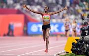 30 September 2019; Beatrice Chepkoech of Kenya celebrates after winning the Women's 3000m Steeple Chase during day four of the World Athletics Championships 2019 at the Khalifa International Stadium in Doha, Qatar. Photo by Sam Barnes/Sportsfile