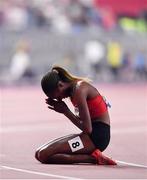 30 September 2019; Beatrice Chepkoech of Kenya reacts after winning the Women's 3000m Steeple Chase during day four of the World Athletics Championships 2019 at the Khalifa International Stadium in Doha, Qatar. Photo by Sam Barnes/Sportsfile