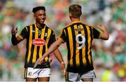 27 July 2019; Kilkenny players Zach Bay Hammond, left, and James Aylward celebrate after the Electric Ireland GAA Hurling All-Ireland Minor Championship Semi-Final match between Kilkenny and Limerick at Croke Park in Dublin. Photo by Piaras Ó Mídheach/Sportsfile