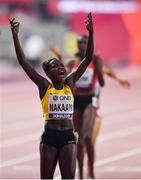 30 September 2019; Halimah Nakaayi of Uganda celebrates after winning the Women's 800m final during day four of the World Athletics Championships 2019 at the Khalifa International Stadium in Doha, Qatar. Photo by Sam Barnes/Sportsfile