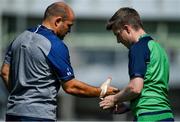1 October 2019; Rory Best has his hand strapped by team physio Colm Fuller during Ireland Rugby squad training at the Kobelco Steelers in Kobe, Japan. Photo by Brendan Moran/Sportsfile