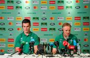 1 October 2019; Jonathan Sexton, left, and head coach Joe Schmidt during an Ireland Rugby press conference in the Sheraton Hotel & Towers Kobe, in Kobe Japan. Photo by Brendan Moran/Sportsfile