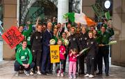 1 October 2019; Aviva Ireland, proud sponsors of both the Republic of Ireland Men’s and Women’s National teams today got behind the ‘Let’s make history’ campaign to see a record attendance for the women’s senior team at Tallaght Stadium against Ukraine on October 8th. See www.aviva.ie/sponsorship or follow #SafeToDream on Aviva Ireland social channels for details. In attendance are Republic of Ireland manager Mick McCarthy alongside Women's national team manager Vera Pauw and assistant manager Eileen Gleeson and players Claire Walsh, left, and Diane Caldwell with Republic of Ireland supporters and kids Aimee, age 5, and Millie Carroll, age 7, at the Aviva Offices in Dublin. Photo by David Fitzgerald/Sportsfile