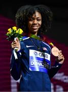 1 October 2019; Vashti Cunningham of USA with her Bronze Medal after coming third in the Women's High Jump during day five of the World Athletics Championships 2019 at the Khalifa International Stadium in Doha, Qatar. Photo by Sam Barnes/Sportsfile