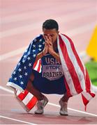 1 October 2019; Donavan Brazier of USA celebrates after winning the Men's 800m Final during day five of the World Athletics Championships 2019 at the Khalifa International Stadium in Doha, Qatar. Photo by Sam Barnes/Sportsfile
