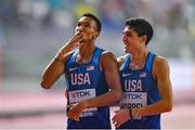 1 October 2019; Donavan Brazier of USA, left, celebrates with team-mate Bryce Hoppel after winning the Men's 800m Final during day five of the World Athletics Championships 2019 at the Khalifa International Stadium in Doha, Qatar. Photo by Sam Barnes/Sportsfile