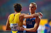 1 October 2019; Sam Kendricks of USA and Armand Duplantis of Sweden embrace following the Men's Pole Vault Final during day five of the World Athletics Championships 2019 at the Khalifa International Stadium in Doha, Qatar. Photo by Sam Barnes/Sportsfile