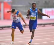 1 October 2019; Noah Lyles of USA, right, on his way to winning the Men's 200m Final during day five of the World Athletics Championships 2019 at the Khalifa International Stadium in Doha, Qatar. Photo by Sam Barnes/Sportsfile