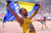 1 October 2019; Amel Tuka of Bosnia and Herzegovina celebrates after finishing second in the Men's 800m Final during day five of the World Athletics Championships 2019 at the Khalifa International Stadium in Doha, Qatar. Photo by Sam Barnes/Sportsfile