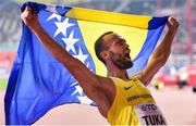 1 October 2019; Amel Tuka of Bosnia and Herzegovina celebrates after finishing second in the Men's 800m Final during day five of the World Athletics Championships 2019 at the Khalifa International Stadium in Doha, Qatar. Photo by Sam Barnes/Sportsfile