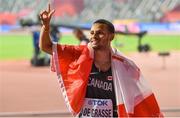 1 October 2019; Andre De Grasse of Canada celebrates finishing second in the Men's 200m Final during day five of the World Athletics Championships 2019 at the Khalifa International Stadium in Doha, Qatar. Photo by Sam Barnes/Sportsfile