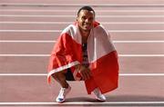 1 October 2019; Andre De Grasse of Canada celebrates finishing second in the Men's 200m Final during day five of the World Athletics Championships 2019 at the Khalifa International Stadium in Doha, Qatar. Photo by Sam Barnes/Sportsfile