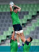 2 October 2019; Peter O'Mahony is lifted by team-mates Dave Kilcoyne, left, and Niall Scannell during Ireland Rugby captain's run at the Kobe Misaki Stadium in Kobe, Japan. Photo by Brendan Moran/Sportsfile