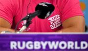 2 October 2019; Igor Galinovskiy wearing a &quot;Keep Rugby Clean&quot; Tshirt during a Russia press conference at the Kobe Misaki Stadium in Kobe, Japan. Photo by Brendan Moran/Sportsfile