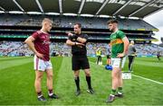 11 August 2019; Referee Martin McNally with team captains Jonathan McGrath of Galway and Kerry captain Jack O'Connor before the Electric Ireland GAA Football All-Ireland Minor Championship Semi-Final match between Kerry and Galway at Croke Park in Dublin. Photo by Piaras Ó Mídheach/Sportsfile