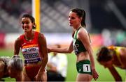 2 October 2019; Ciara Mageean of Ireland, right, with Esther Guerrero of Spain after competing in the Women's 1500m Heats during day six of the 17th IAAF World Athletics Championships Doha 2019 at the Khalifa International Stadium in Doha, Qatar. Photo by Sam Barnes/Sportsfile