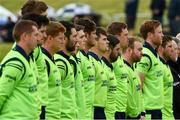 12 June 2019; Ireland players during the national anthem before the 2nd T20 Cricket International match between Ireland and Zimbabwe at Bready Cricket Club in Magheramason, Co. Tyrone. Photo by Oliver McVeigh/Sportsfile
