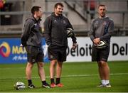 27 September 2019; Matt Maguire, Ulster Strength and Conditioning coach, left, Jared Payne Ulster defence coach, centre, and Tom Clough Ulster Head of Strength and Conditioning before the Guinness PRO14 Round 1 match between Ulster and Ospreys at Kingspan Stadium in Belfast. Photo by Oliver McVeigh/Sportsfile
